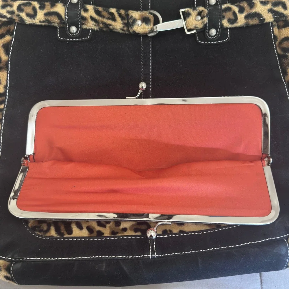 Nicole Lee Large Tote Bag Black Leopard Faux Suede Kiss Lock Y2K Buckle Hobo